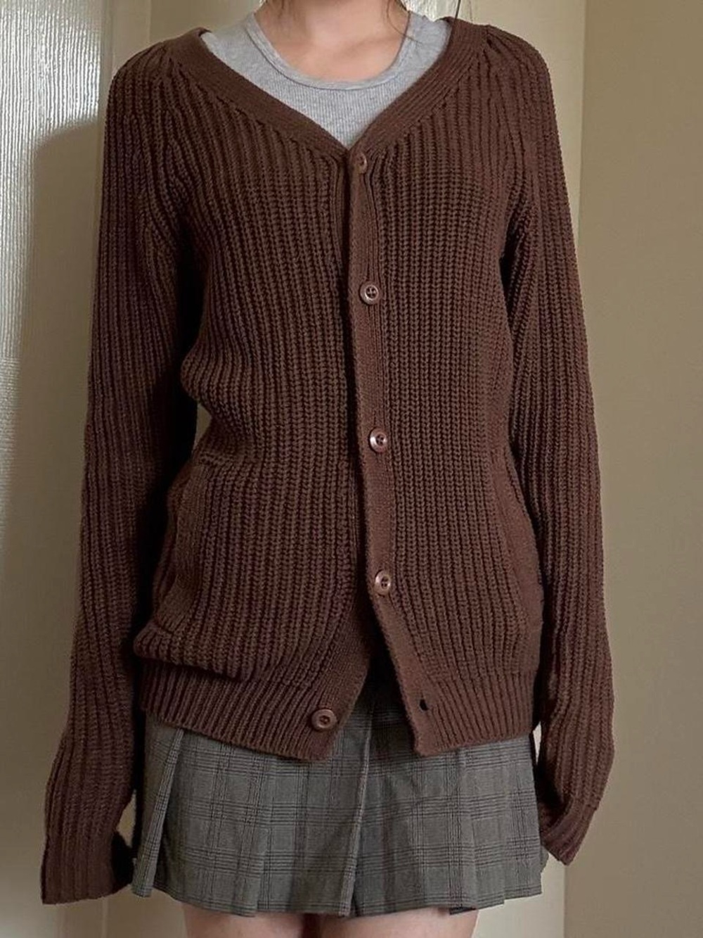 American Apparel Brown Ribbed Button-Front Cardigan